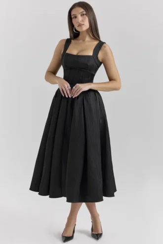 Abito midi a corsetto in raso testurizzato nero Isabeau