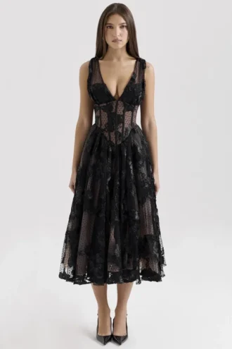 Abito midi a corsetto in tulle ricamato nero “Sianna”