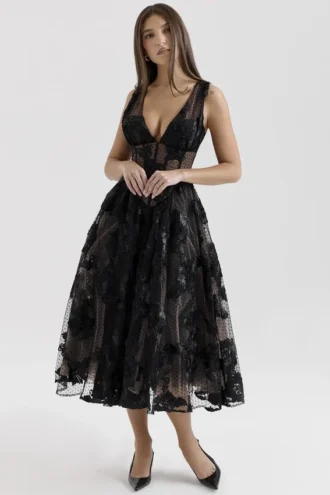 Abito midi a corsetto in tulle ricamato nero “Sianna”