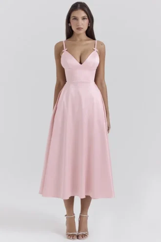 Abito midi A-line in raso rosa parigino Tiffany