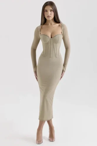 Abito midi aderente a maniche lunghe in rete beige Saisha