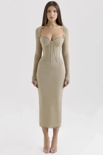 Abito midi aderente a maniche lunghe in rete beige Saisha