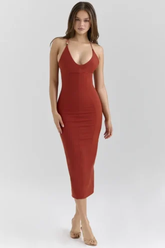 Abito midi aderente in cotone elasticizzato Ria Terracotta
