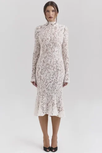 Abito midi aderente in pizzo avorio vintage “Sophia”