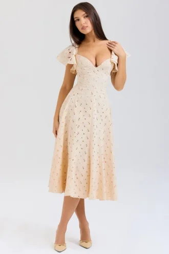 Abito midi Amaya color crema con ricamo inglese