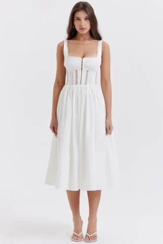 Abito midi bianco con bordi in pizzo “Perle”
