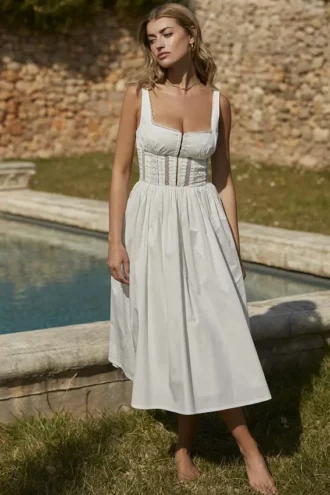 Abito midi bianco con bordi in pizzo “Perle”