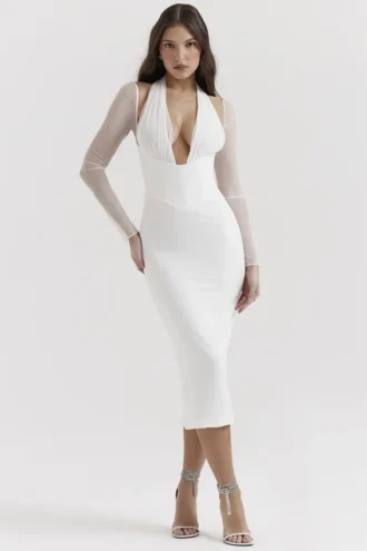 Abito midi bianco con scollo profondo Yasmin