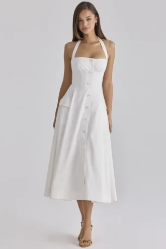 Abito midi bianco in cotone con scollo all’americana di Claudia