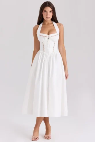 Abito midi bianco in cotone con scollo all’americana Emilia