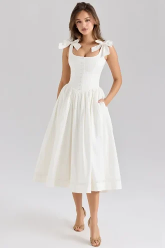 Abito midi bianco Lillia in cotone elasticizzato con fiocchi