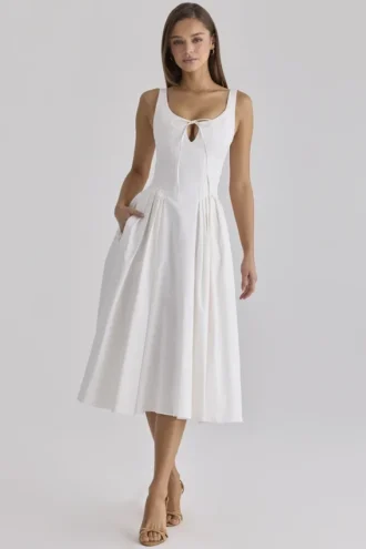 Abito midi bianco plissettato in cotone con spacco Alira