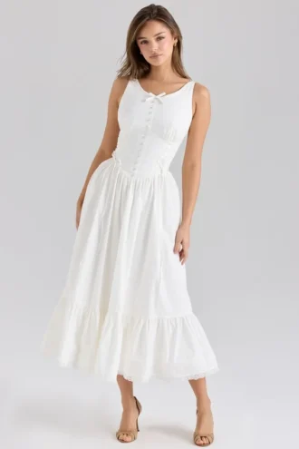 Abito midi bianco Sienna in cotone elasticizzato con lacci