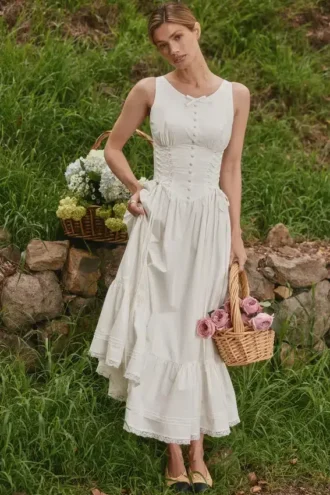 Abito midi bianco Sienna in cotone elasticizzato con lacci