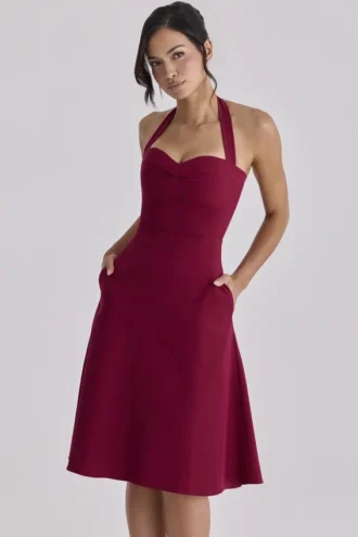 Abito midi Carolla in twill morbido color vino con scollo all’americana
