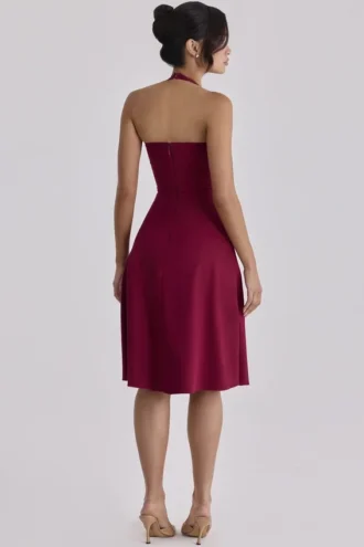 Abito midi Carolla in twill morbido color vino con scollo all’americana