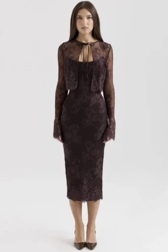 Abito midi con corsetto in pizzo color cioccolato amaro e Boleri di Larra