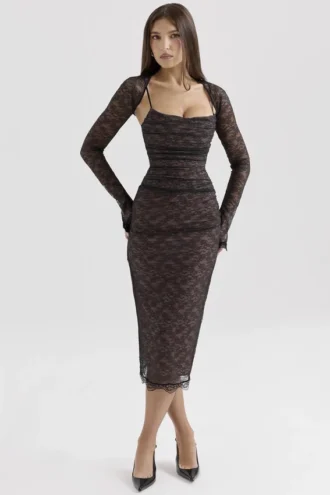 Abito midi con corsetto in pizzo nero Gaia