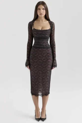 Abito midi con corsetto in pizzo nero Gaia