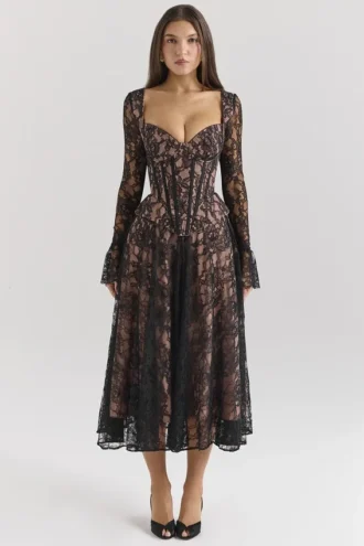 Abito midi con corsetto in pizzo nero Raquel