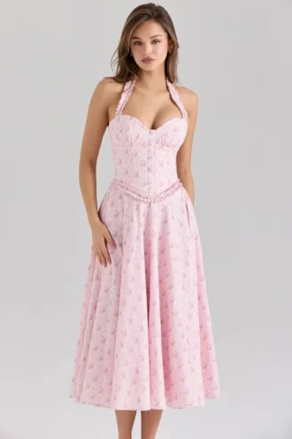 Abito midi con scollo all’americana in cotone elasticizzato con stampa di rose rosa “Georgie”