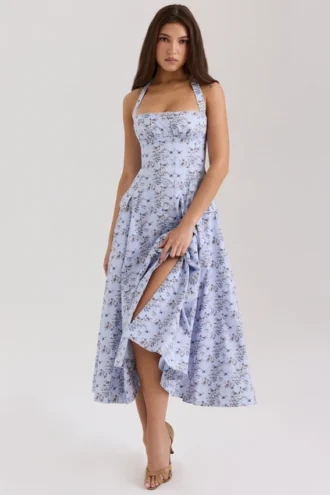 Abito midi con scollo all’americana in cotone elasticizzato con stampa floreale blu Claudia