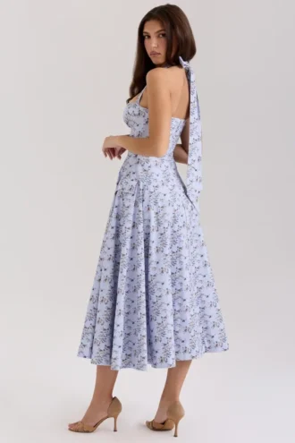 Abito midi con scollo all’americana in cotone elasticizzato con stampa floreale blu Claudia