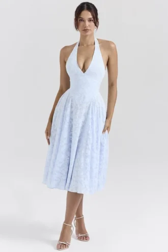 Abito midi con scollo all’americana in jacquard floreale blu campanula “Arietta”