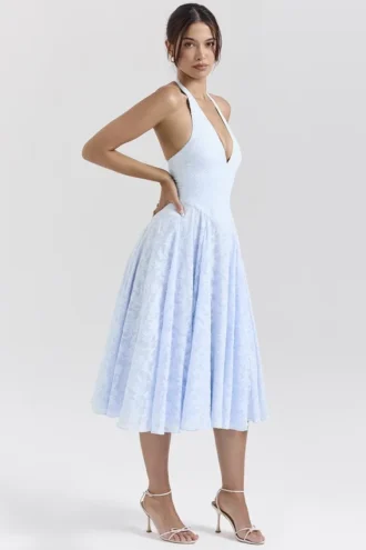 Abito midi con scollo all’americana in jacquard floreale blu campanula “Arietta”