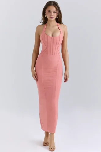 Abito midi con scollo all’americana in rete elasticizzata Lusilla Coral