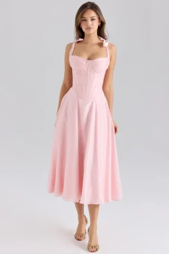 Abito midi con spalline annodate in chiffon rosa Leia