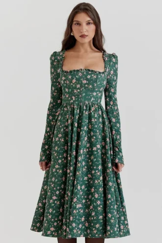 Abito midi con stampa floreale verde Delia