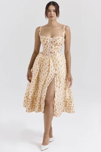 Abito midi con stampa Kelly Royal Rose in versione corsetto