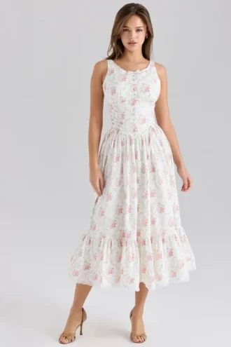 Abito midi con stampa Sienna Rose in cotone elasticizzato con allacciatura