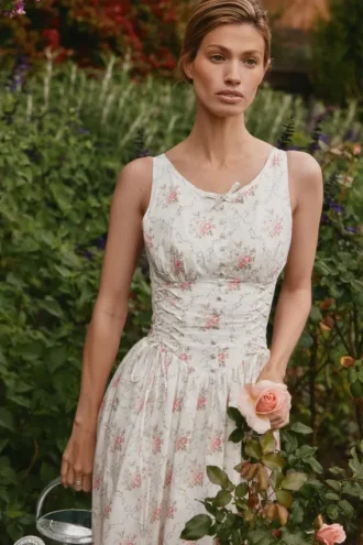 Abito midi con stampa Sienna Rose in cotone elasticizzato con allacciatura