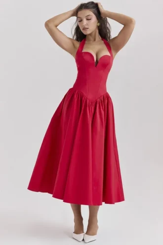 Abito midi Coquette Scarlet con scollo all’americana