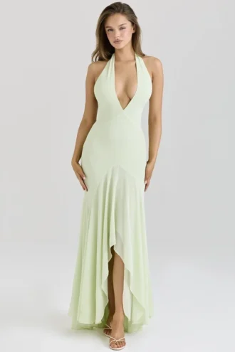 Abito midi drappeggiato in georgette color pistacchio “Tamara”