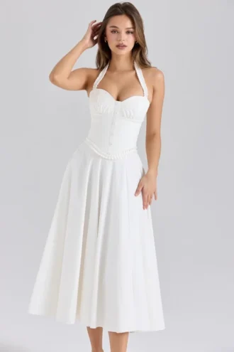 Abito midi Georgie bianco in cotone elasticizzato con scollo all’americana