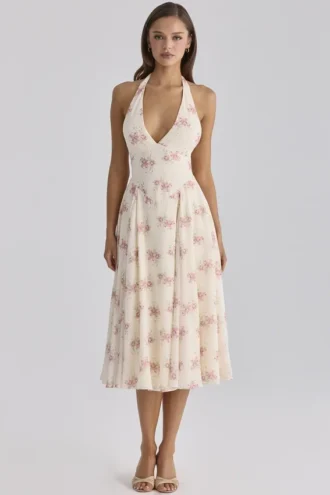Abito midi halter in georgette con stampa vintage a rose color avorio “Solada”