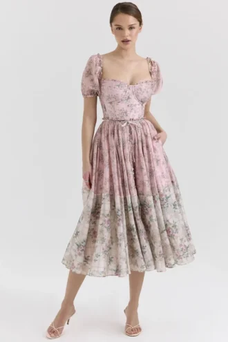 Abito midi in chiffon a fiori rosa Penelope