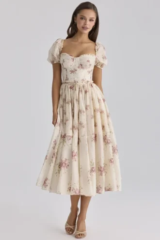 Abito midi in chiffon con stampa rose vintage color avorio Penelope