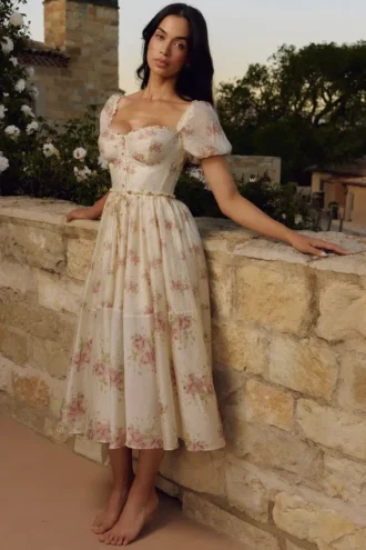 Abito midi in chiffon con stampa rose vintage color avorio Penelope