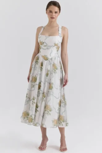 Abito midi in chiffon con stampa vintage a nastri Minerva Soft Blue