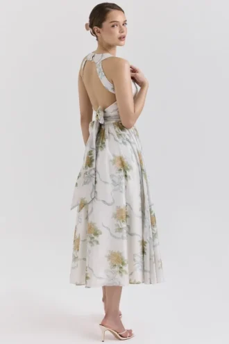 Abito midi in chiffon con stampa vintage a nastri Minerva Soft Blue