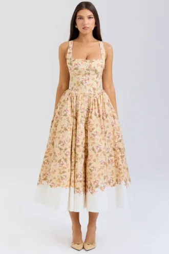 Abito midi in cotone arricciato con stampa Alba Honeyflower