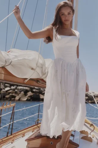 Abito midi in cotone bianco con ricami floreali all’inglese “Safira”