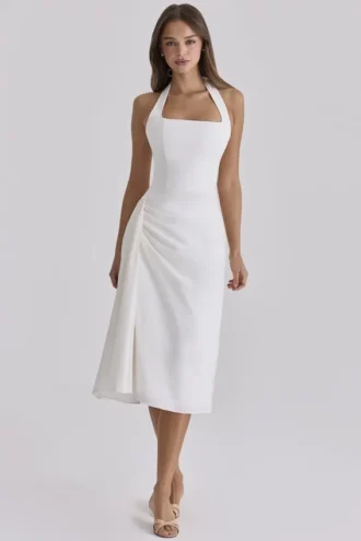 Abito midi in cotone bianco con scollo all’americana Tallulah