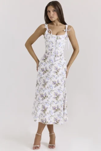 Abito midi in cotone bianco sporco con stampa floreale Dionne
