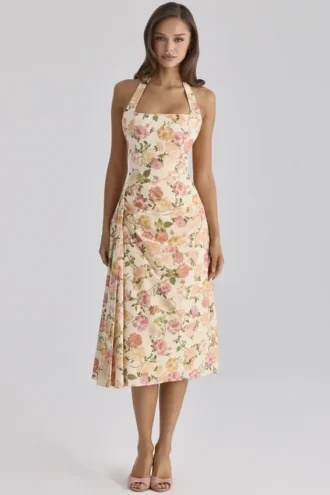 Abito midi in cotone con scollo all’americana e stampa rose di Tallulah