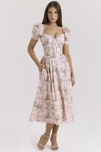Abito midi in cotone con stampa a nastri rosa Lulabell